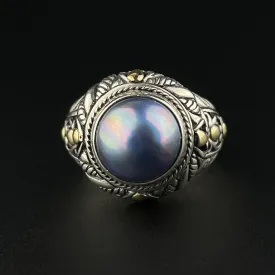 18K Gold Silver Cultured Pearl Statement Ring, Sz 8 3/4