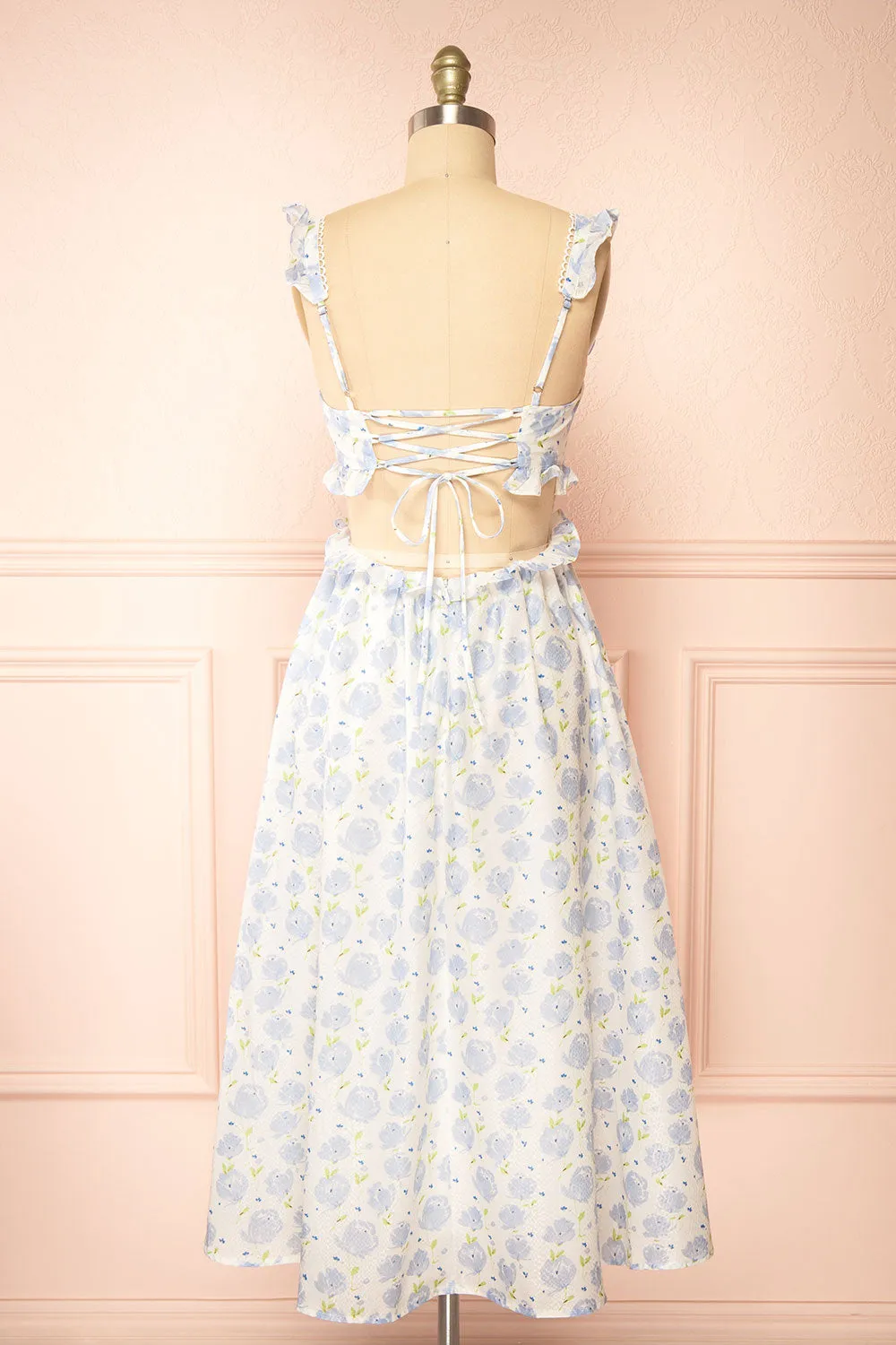 Aisha | Long White Dress w/ Blue Floral Pattern