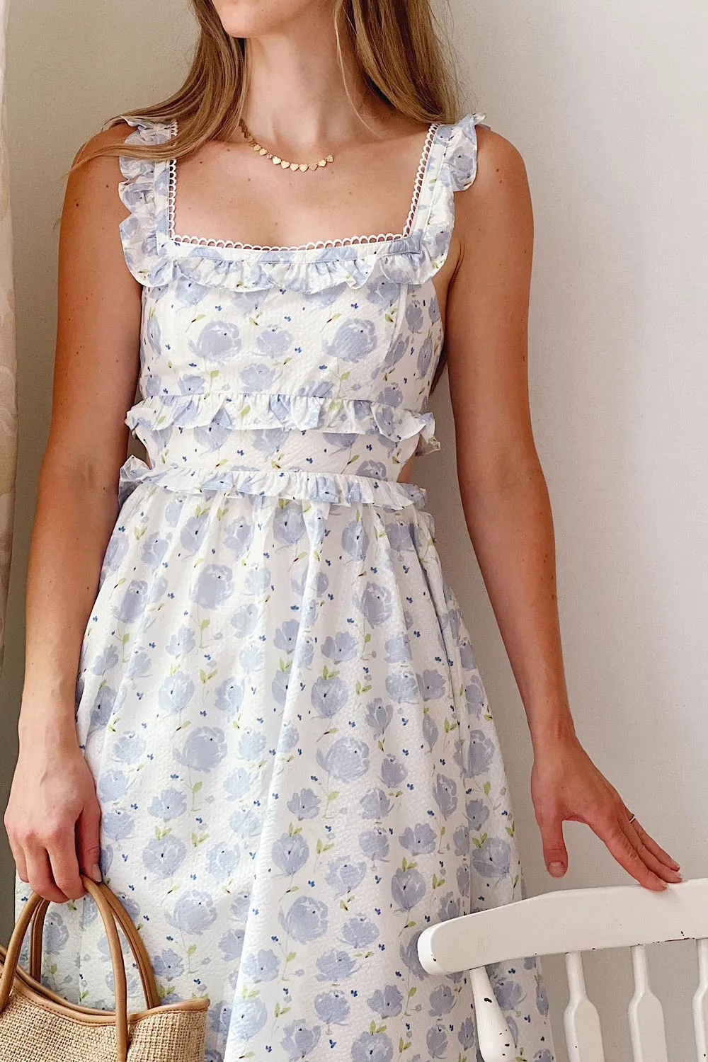 Aisha | Long White Dress w/ Blue Floral Pattern