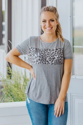 Better Than You Know Color Block Leopard Print Short Sleeve Top in Gray