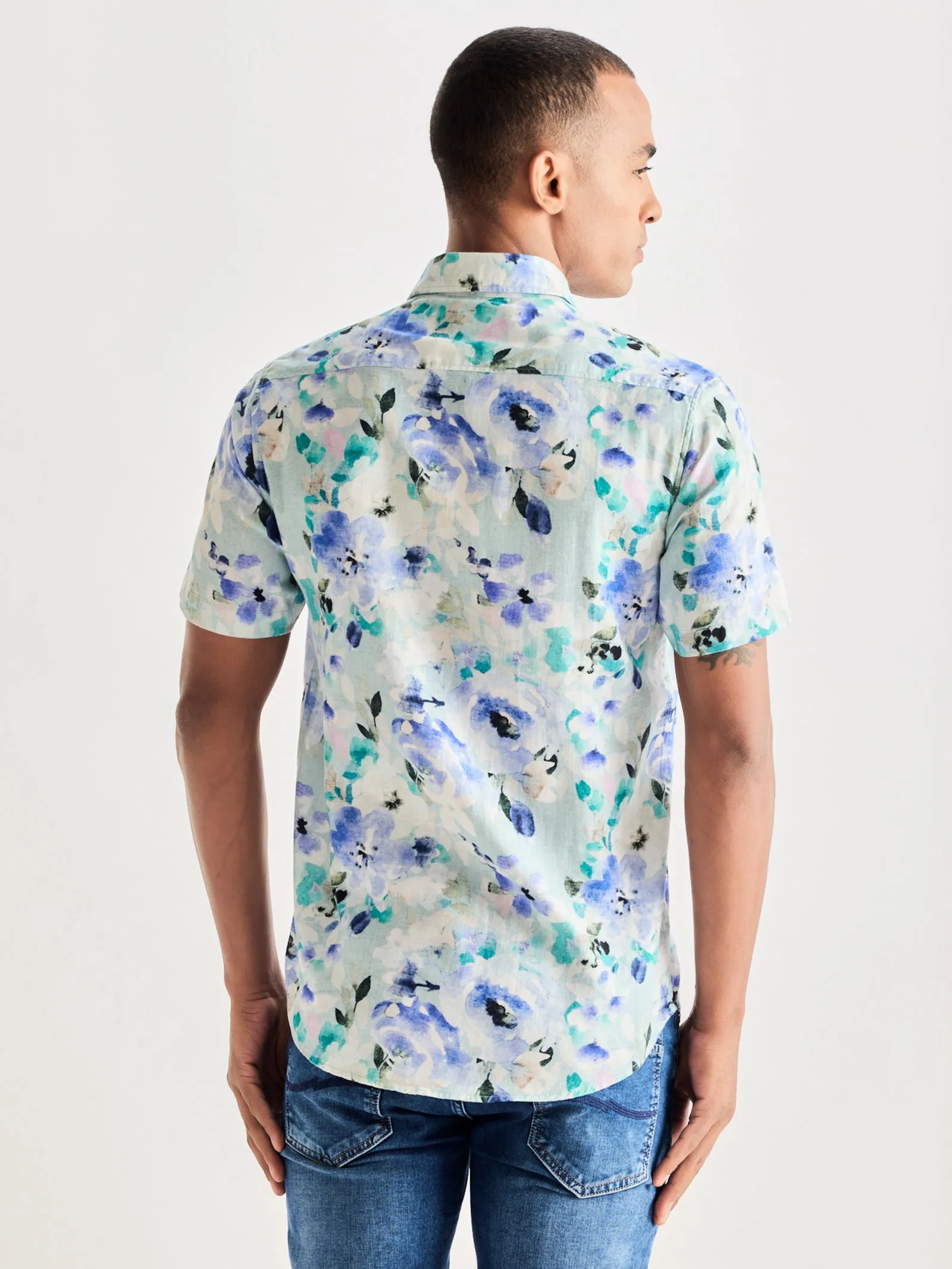 Blue Linen Printed Shirt