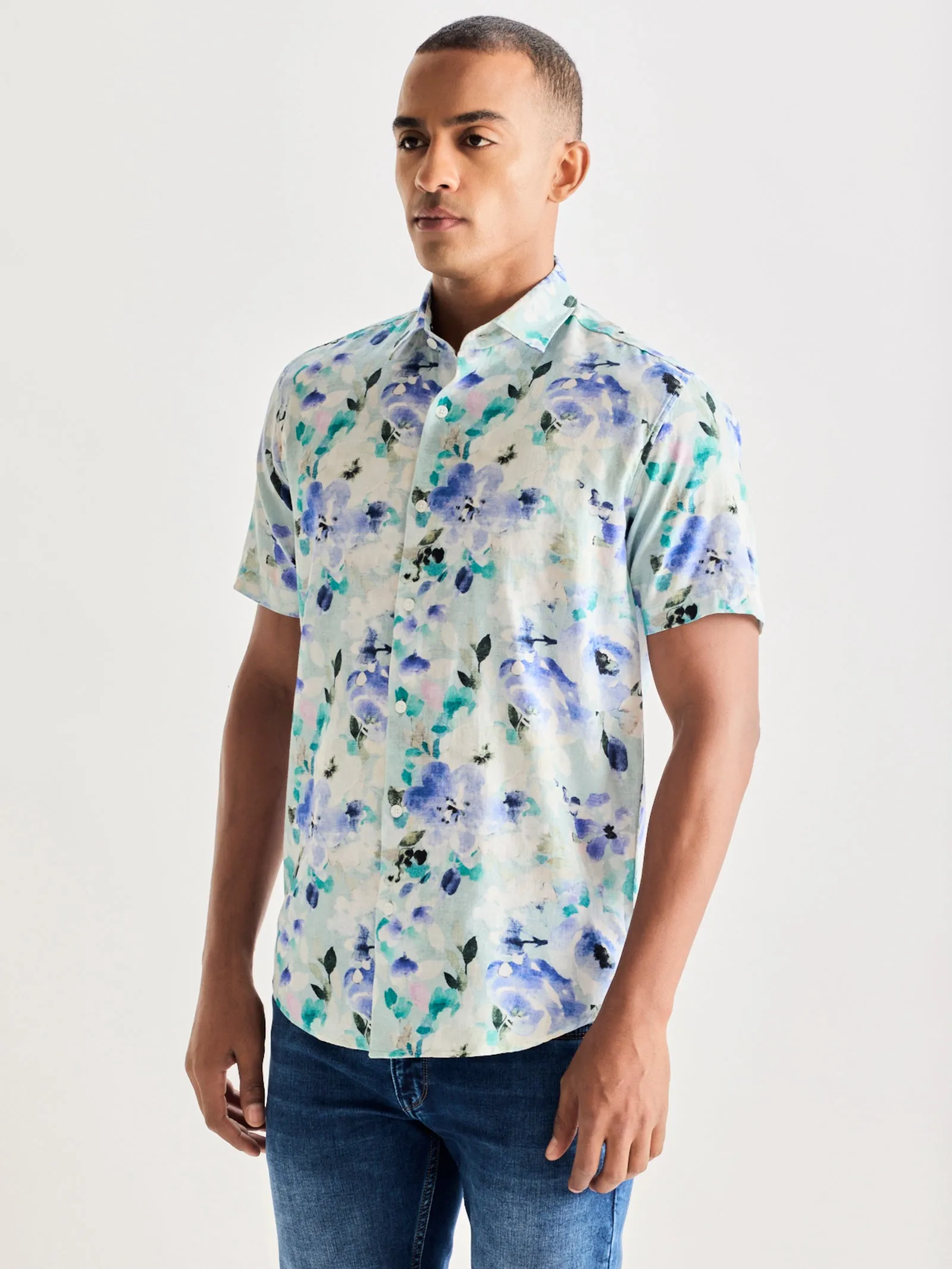 Blue Linen Printed Shirt