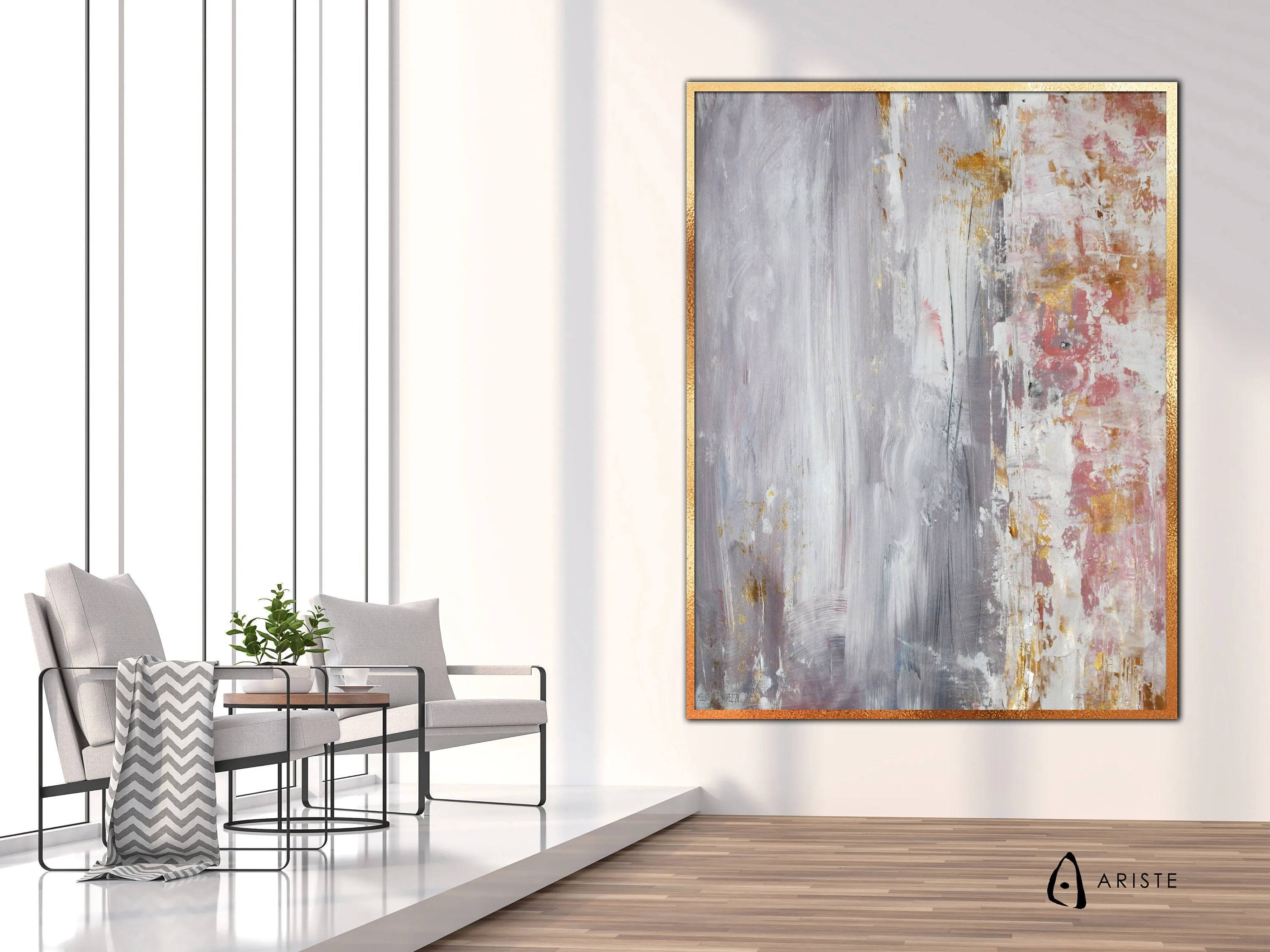 Blush pink, grey & gold large abstract wall art made to order in a custom size