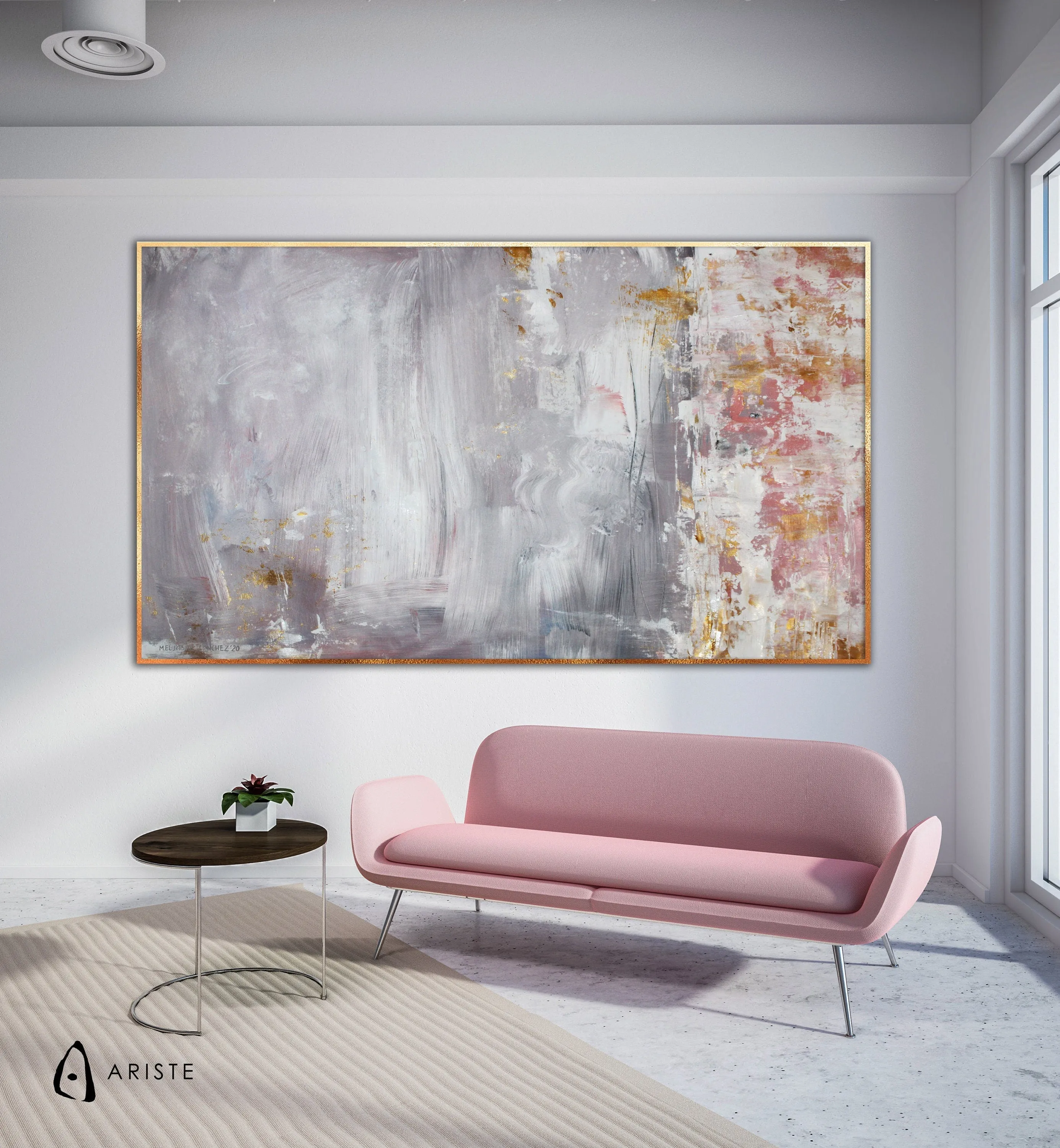 Blush pink, grey & gold large abstract wall art made to order in a custom size