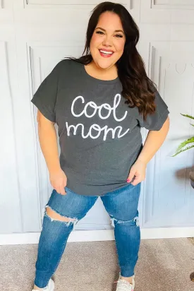 Charcoal "Cool Mom" Embroidery Pop-Up Rib Dolman Top