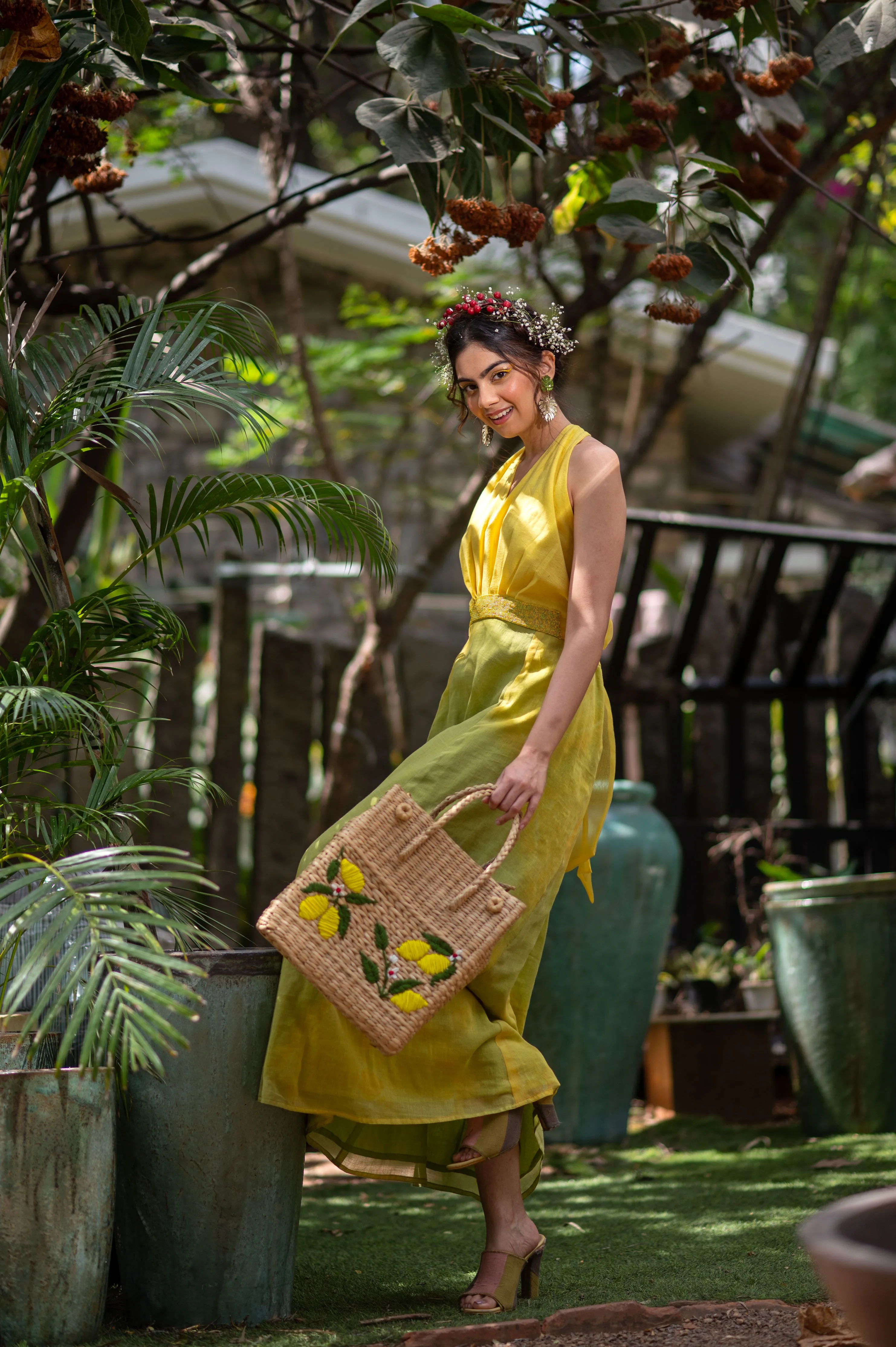 Cotton halter neck tie and dye dress with hand embroidered bead detailing on belt