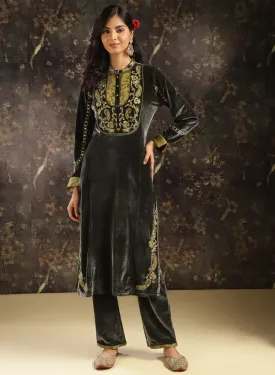 Dark Grey Embroidered Velvet Kurta Set with Button Detailing