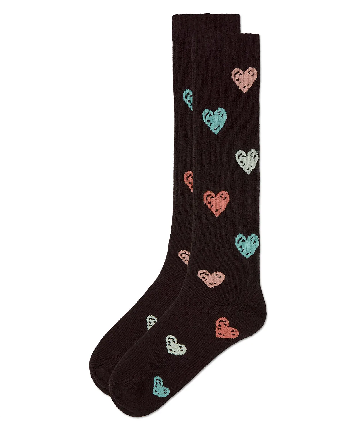 Girls Ribbed Cotton Blend "Multi Graffiti Hearts" Knee Sock