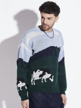 Cozy Oversized Sweater with Grazing Scene Graphic Design