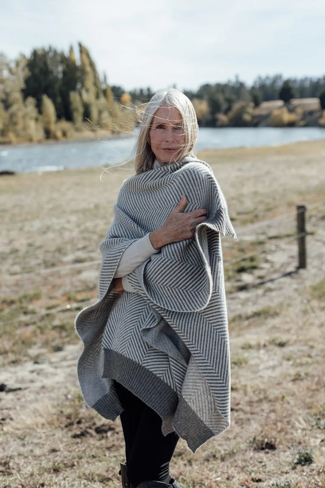 Herringbone Merino Angora Poncho - Mocha