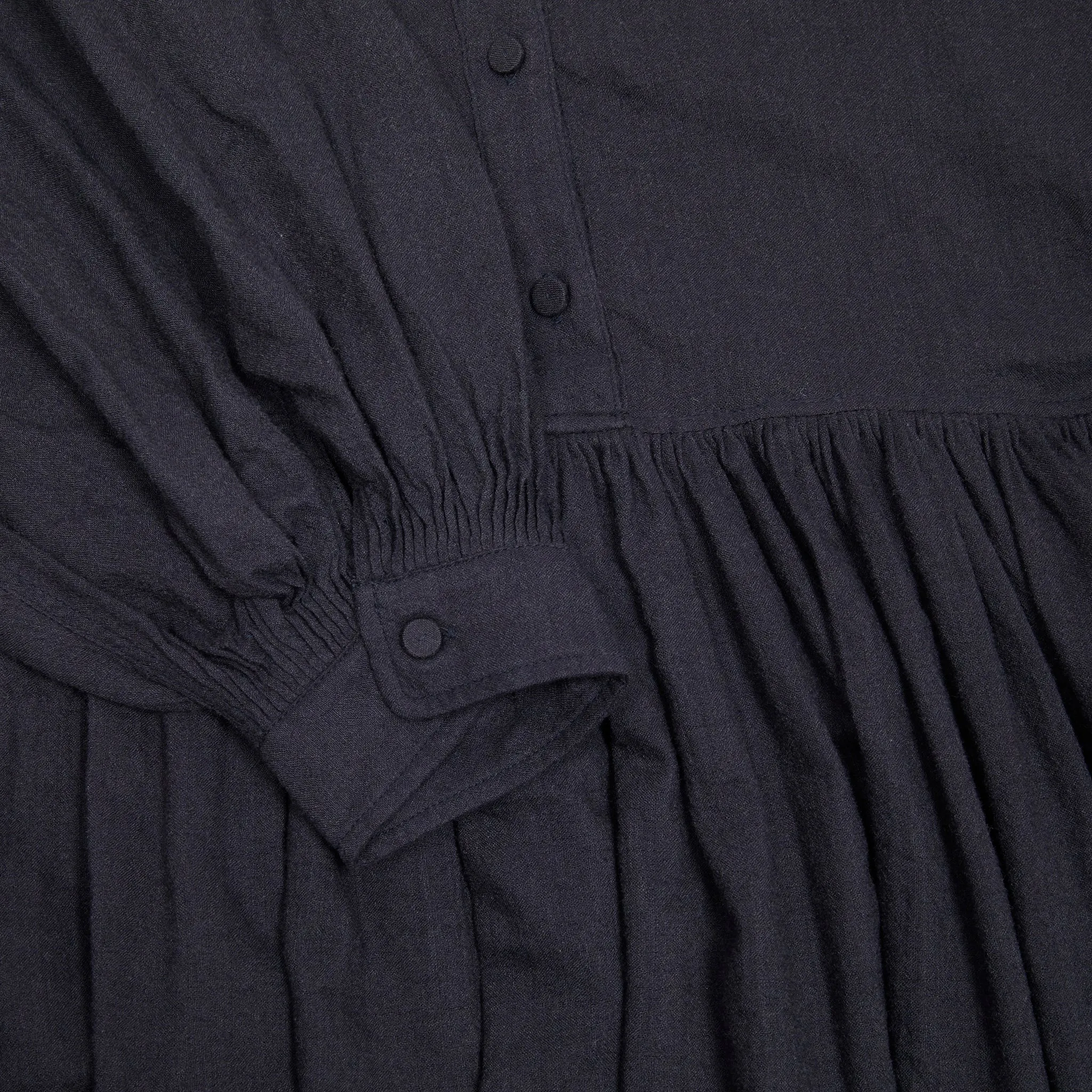 Maison De Soil Wool/Cotton/Silk Banded Collar Rajasthan Tuck Gthere Dress in Navy