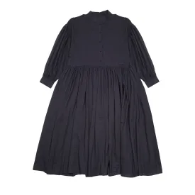 Maison De Soil Wool/Cotton/Silk Banded Collar Rajasthan Tuck Gthere Dress in Navy