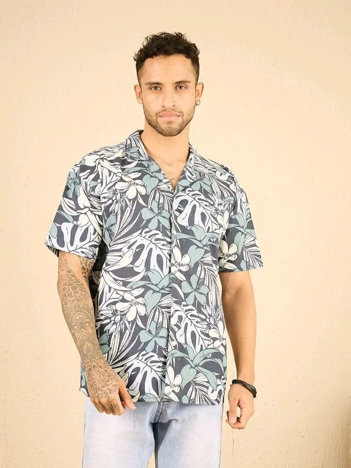 Navy Floral Linen Cuban Shirt