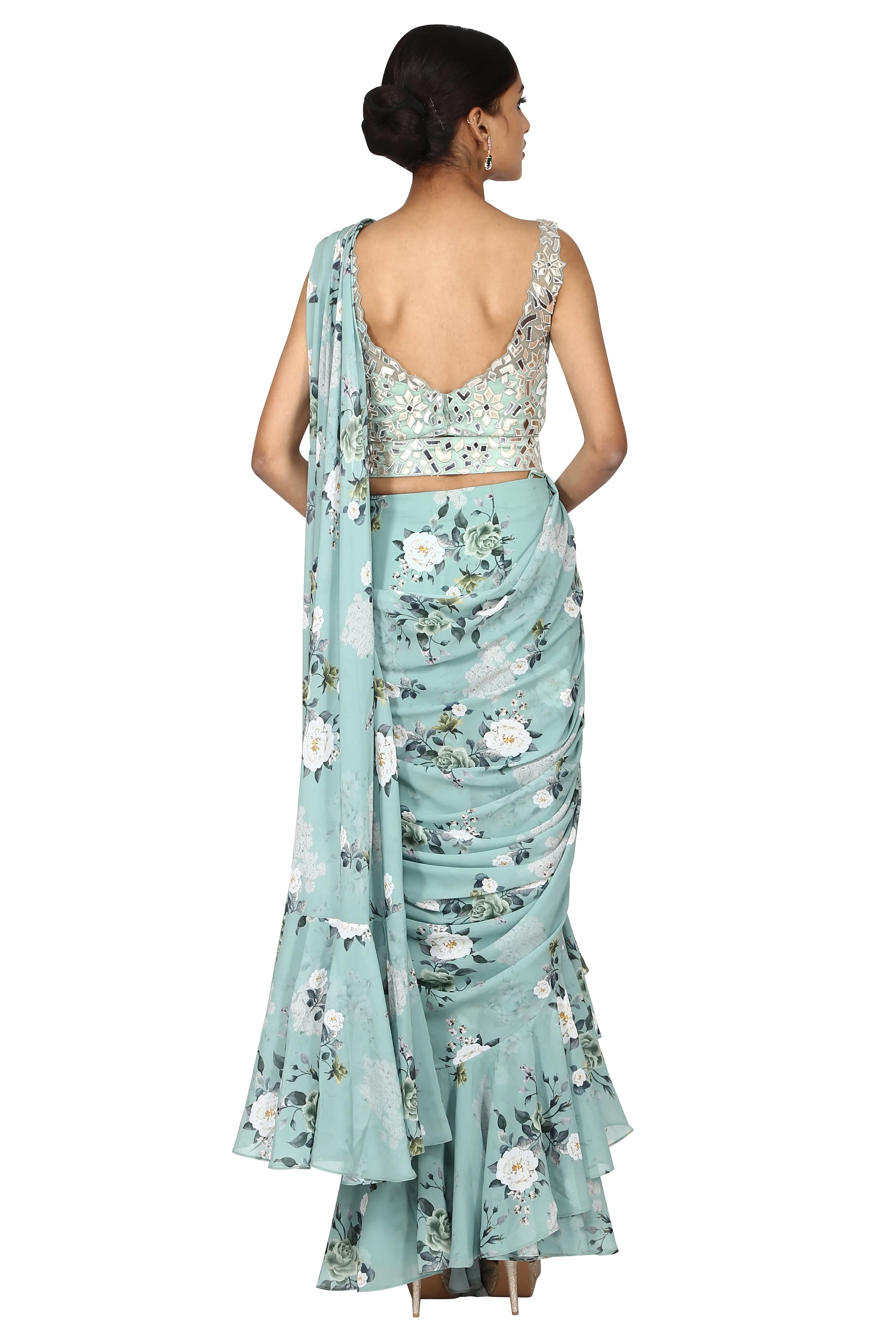 Pale blue printed drape saree.