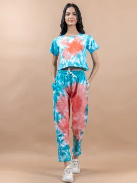 Sky Blue & Orange Color Tie-Dye Cotton Crop Top and Jogger Set For Women