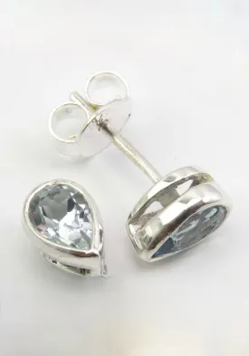 Solid Silver Aquamarine Tear-Drop Stud Earrings