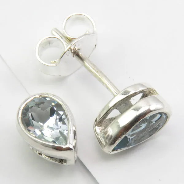 Solid Silver Aquamarine Tear-Drop Stud Earrings