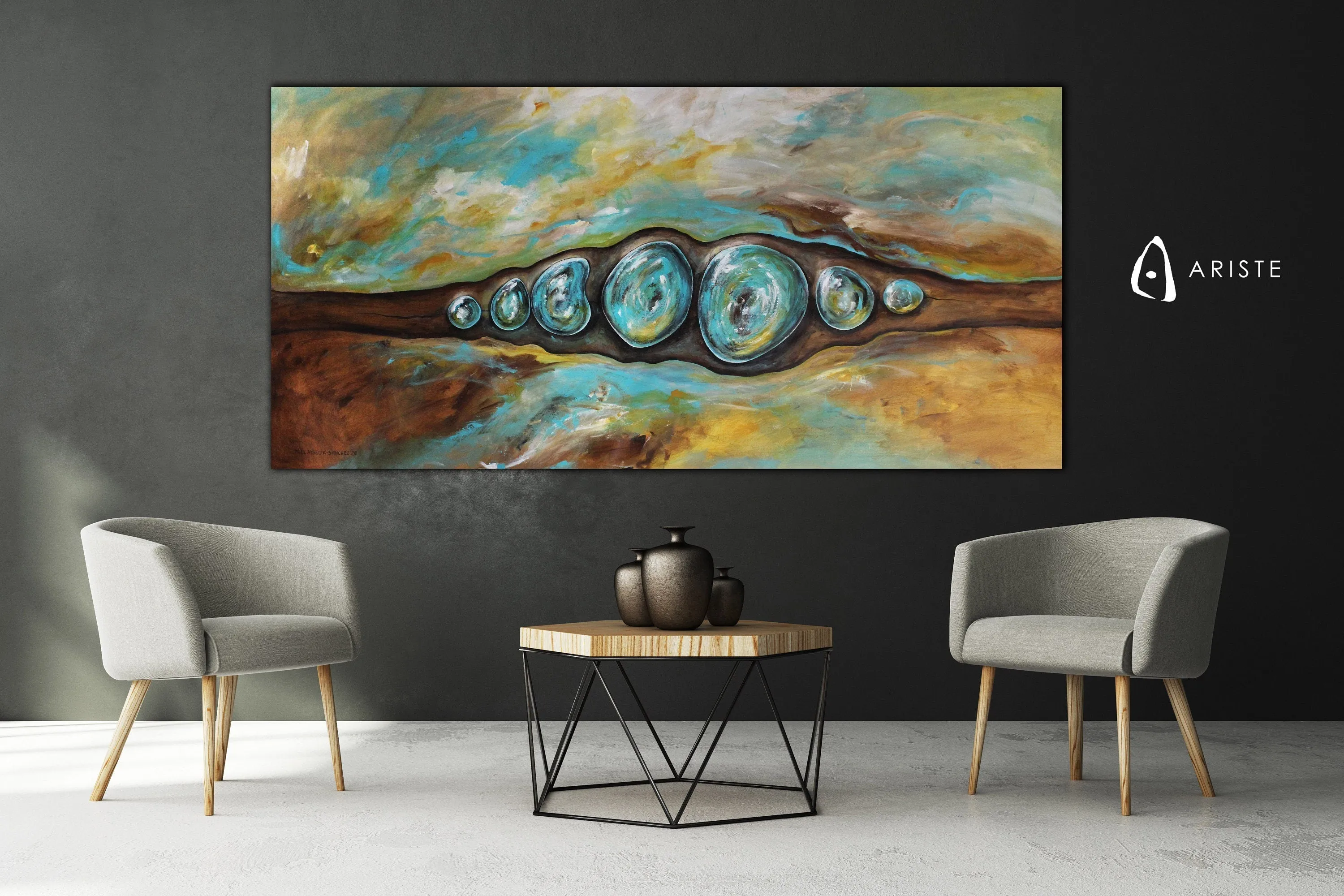 Teal blue & brown abstract oversized wall art made to order in a custom size