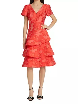 Teri Jon Red Floral Tiered Cocktail Dress