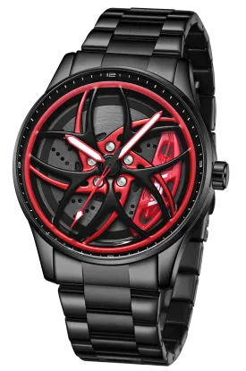 V2A Vortex-3 Series Rolling Wheel Men’s Analog Watch Open Dial Stainless Steel Watch – Car Wheel-Inspired Design, Hollow Out Elegance Casual Watch for Men | Gift for Men (Black-Red)